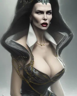 old evil queen in black leather gown, femme fatale, volouptous, busty, cleavage, angry, emperious, 8k resolution concept art portrait by Greg Rutkowski,