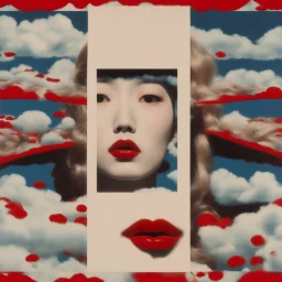 cloud in blue sky, a red lip, collage art, shuji terayama, dreamy objects, surreal, criterion collection, showa era, intricate details, mirror