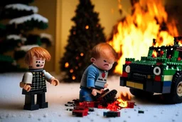 A crying toddler takes a burning car out of a LEGO box marked Land Rover next to the Christmas tree.