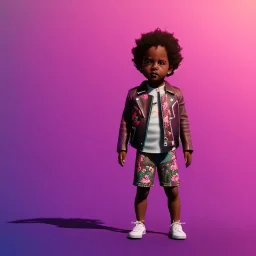 Zaire beetz toddler, full body, leather jacket, floral shirt, floral skirt, Nike sneaker, soft skin, city background, dramatic lighting, hyper realistic