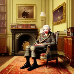 An English gentleman wearing a checkered tweed jacket, wearing slippers, sitting in a wing chair by the burning fireplace, listening to music emanating from an old gramophone, in the background an antique radio receiver standing on a dresser, a bookcase and an oil painting of Queen Victoria, realistic shot, taken indoors In yellowish light, nostalgic atmosphere, 12K