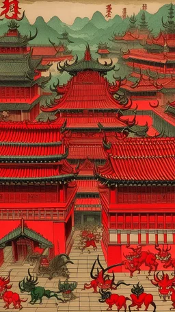 A red Oni kingdom with flipped buildings painted by Utagawa Hiroshige