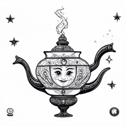 Make black and white cute drawing of a Genie Lamp with black bold lines. Only outline, no grayscale. A curvy, antique oriental arabic lamp with magical smoke swirling out. The smoke forms shapes like stars, moons, and maybe the faint outline of a genie’s face. Surround it with sparkling jewels and coins.