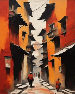 bustling medieval Kathmandu street, thick impasto painting, centered, minimalist, thick sparse brushstrokes, bold colors of orange, beige, yellow, red and black, sporadic tint ink leaks, perfect verticals, amazing parallel