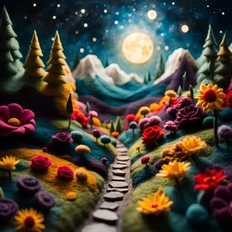 Detailed creepy landscape made of felt, naïve, vintage, sun, splops, volumetric light, giant flowers, hot things, Tim Burton, strong texture, orero dream, extreme detail, Max Ernst, decal, rich moody colors, sparkles, Harry Potter, bokeh, odd