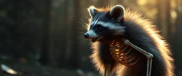 radiant raccoon thick Skeleton with lotsa fluffy fur, motion blur background dark forest