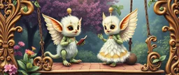 sacred geometry embroidered patterns, two totally symmetric fluffy angel robot gremlin slug nice cheerleader singing on ornate carved magical bridge in garden , full body portrait strong aura, oil painting and air brush, in swing net
