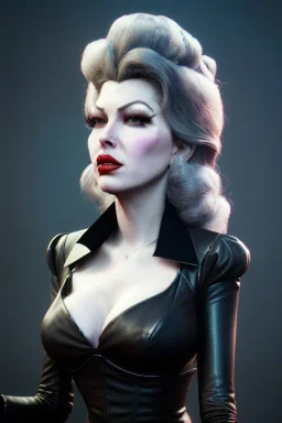 Lana Turner as evil queen in black leather, leather, busty, cleavage, angry, stern look. character design by cory loftis, fenghua zhong, ryohei hase, ismail inceoglu and ruan jia. unreal engine 5, artistic lighting, highly detailed, photorealistic, fantasy