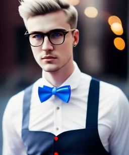 Young attractive male, blonde hair, slight beard, clear glasses, cinematic, depth of field, blue eyes, red bowtie