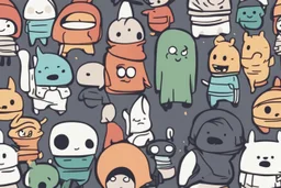 6 simple shaped hand drawn cartoon characters that are cute dark and have hoodies