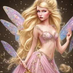 blond beautiful princess fairy with sparkle dress with pink castle background