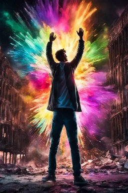 Young man standing, with arms raised, in front of an exploding building at night, with coloured auras around him