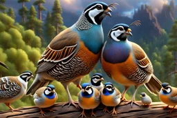 stunningly detailed 3D render illustration of a California quail family, with the male and female quail displaying exquisite, intricate plumage as they tenderly guide their young. They stroll gracefully near an ancient log, surrounded by a lush forest edge and a breathtaking sky filled with vibrant, dramatic clouds. The artwork masterfully captures the essence of nature, reminiscent of renowned artists such as Robert Bateman, Carl Brenders, Flo'n Images, and Nancy Kaestner Hendry. Cinematic typo