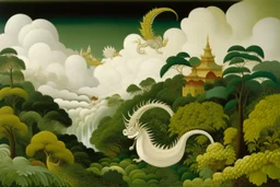 A white dragon palace in the sky painted by Henri Rousseau
