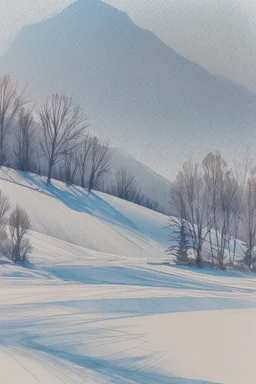 Rolling hills, lake, winter, snow, sunrise Modifiers: smooth intricate high definition beautiful lighting pencil sketch watercolor polished warm light watercolor and ink LNF