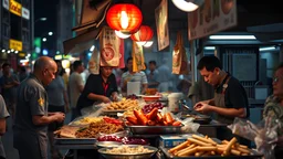 street food in Kuala Lumpur at night, eating stalls, eclectic mix of oriental food, award-winning colour photograph, beautiful composition, exquisite detail, Nikon 135mm