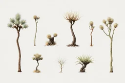 "Isolated concept art of multiple types of alien tree plant on a plain neutral background. Designed for Desert biome – dry, spiky, brittle grass with sharp edges, thorn-like blades, and pale dusty colors