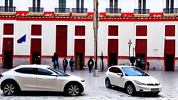 A Tesla's 'Model S Plaid' is doing donuts, at the 'Plaza de la Constitución', in the city of Mexico. CINEMATIC. WIDE ANGLE LENS. PHOTO REAL.