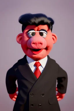 Waist up muppet Portrait, Kim Jong-un as muppet doll, black suit, photo studio, red background, unreal engine 5, concept art, art station, god lights, ray tracing, RTX, lumen lighting, ultra detail, volumetric lighting, 3d.