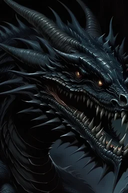 90s dark fantasy art, illustration of a black dragon