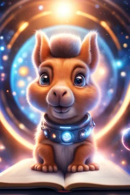 book cover illustration, portrait of ultimate transcendent happy chat squirrel dog cat space hippo horse with spotlights, in front of space portal dimensional glittering device, bokeh like f/0.8, tilt-shift lens 8k, high detail, smooth render, down-light, unreal engine, prize winning