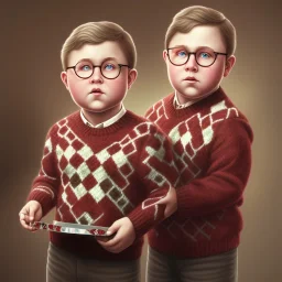 solo peter billingsley is a chubby kid with glasses all by himself, gripping a single Dark red soap bar, ((brown))argyle sweater,