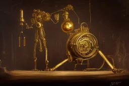 concept art of a giant mechanical clockwork marionette made of brass and gold in a dark moody interior, puppet, ornate, engraved highly detailed, fantasy, render, digital painting, trending on artstation, illustration, in the style of piotr jablonski, artgerm and greg rutkowski, dishonored, arkane lyon