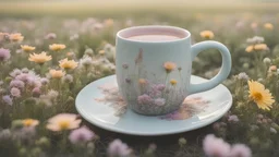 Serene tea time setup with a pastel mug amidst a field of wildflowers