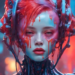 a close up of a person with paint on their face, cyberpunk art, inspired by Yanjun Cheng, digital art, futuristic glossy latex suit, in the art style of filip hodas, portrait of a female android, james jean and wlop, the mekanik doll, dripping skin, rendered in redshift, jingna zhang, detailed face of an android, shot with Sony Alpha a9 Il and Sony FE 200-600mm f/5.6-6.3 G OSS lens, natural ligh, hyper realistic photograph, ultra detailed -ar 1:1 —q 2 -s 750)