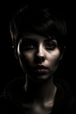 In the dark punk style: A girl of stature, short hair with bleached strands, dark brown eyes, is brown, eyes bigger than her nose, mouth and ears that are small and delicate, looking directly at the screen