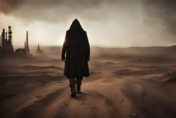 hooded stranger with mechanical legs, walking the dusty wasteland