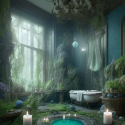 a gorgeous, stunning spa with gauzy curtains, dark wood floor, decorative blue-green ocean in glass ball, plants, smooth black stones, candles, 8k resolution, high-quality, fine-detail, digital art, detailed matte, volumetric lighting, illustration, 3D octane render, brian froud, howard lyon, selina french, anna dittmann, annie stokes, lisa parker, greg rutowski, George Grie, Ben Goossens, Igor Morski