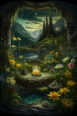 Hyperrealism against the background of a spring landscape in the forest +mirror with a tsunami whirlpool +mountains +ritual +candles+dried flowers+wildflowers+moss++decoupage of flowers+embroidery technique+braided beads+vine+moonlit night,fabulous landscape,surrealism,realism,naturalism,dot technique,microdetalization,high detail objects,digital illustration,volumetric clarity,dark fantasy,dark botanical, professional photo