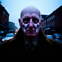 very grainy discolored photo, portrait, dark night street, grunge, 2000s Russia, punk, outcast, rough, confident, bald older male wearing a coat, extremely pale skin, flesh bulbs grow out of his face, face is disproportionally deformed, hunchback, sewer dweller