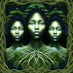 Painting .three women. A mother. Two daughter. Twins. A mother with her children the faces of three young black women. wood nymphs emerging from the forest. Her hair looks like vines. Dreadlocs. Her skin is the colour of dark soil. Her skin looks like tree bark. Her clothing is made of vines, grass and leaves.