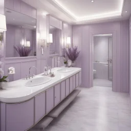 hotel bathroom, modern classic style, lavender colors, 3d