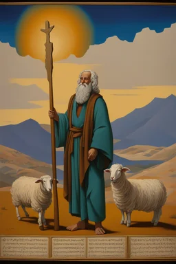 Moses stands on a mountain and holds a crooked wooden staff. Next to HIM ARE SEVERAL SHEEP, at HIS feet are stone tablets on which the ten commandments of God are written, and below is a valley with cities of Palestine where milk and honey flow. sand, palm trees and mountains. There is a silhouette of God in the sky. Everything is painted in oil painting with high-quality drawing of details