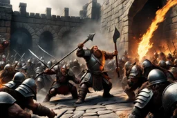 (photo of a movie by Ray Harryhausen) Epic dynamic spread, graphic movie style. Subject: Chaotic battle scene during Dwarven defense against Orcs on the fortified wall. Foreground: Gritty, muscle-bound Dwarven warrior with flame-beard swinging an axe into an Orc helm, intense rage expression. Midground: Phalanx of armored Dwarves defending battlements, dropping stones and tar. Background: Endless tide of attacking Orcs with scaling ladders, five armored Trolls pushing a ram at the wall base. Wa