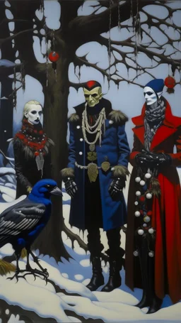 An oil painting by Matisse and Jakuchu of a human-like family of crows adorned in a punk leather jacket within a snowy Christmas atmosphere.