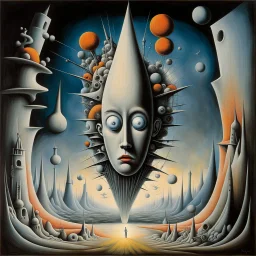 Surreal being emerging from an interdimensional portal taking off its uncanny human mask revealing a pure infinite vortex of pure energy, by Yves Tanguy and John Stephens, brilliantly grounded against a dark nighttime backdrop of an elusive sci-fi dream, palpable textures, distressing colorful hues.