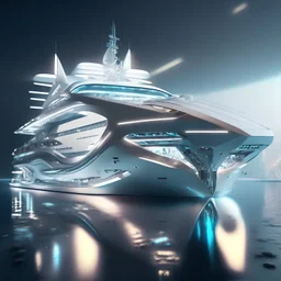 Futuristic cozy superyacht silver design, diamond-framed impressive, movie lighting, high resolution, 8K