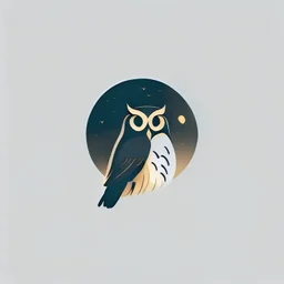 Owl + moon. Logo design ultra minimalist in the style of Calder. Soft colors. Dark.