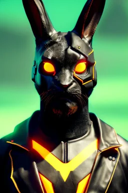 Medium Close Up Portrait, Front image. cyberpunk, rabbit mask, british man, black hair and beard. latex suit army. Red, yellow, color. Más max style. Color background, photo studio. Avatar image, highly detailed, concept art, smooth, unreal engine 5, ray tracing, RTX, lumen lighting, ultra detail, volumetric lighting, 3d, finely drawn, high definition, high resolution.