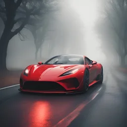 Image of a red super sports car on a road, which contains a mysterious atmosphere and fog, front perspective Renaissance art