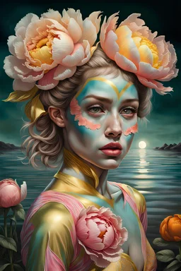 PHOTOREALISTIC PORTRAIT OF A GIRL of Cirque dU soleil, WALKING ON THE SHORE AT THE MOONLIGHT, AND EMBRACING PINK YELLOW PEONIES, VIVID METALLIC colors: torquoise, pale salmon, persimmon, grey-green , pale lemon yellow, greenish gold, metallic bronze. ULTRA detailed; CORRECT anatomy, FACE and eyes, HIGH RESOLUTION AND DETAILS, HIGH DEFINITION, STYLE BY RAFFAELLO, MICHELANGELO, KAROL BAK, ANDY WARHOL, Anna Dittmann