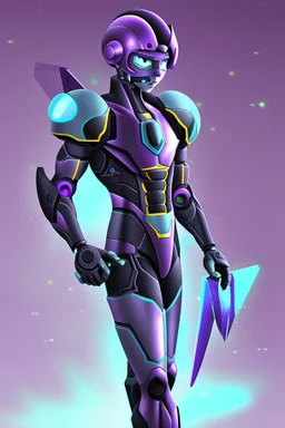 A Genderless Cyborg made of metal, has a human like face with a long violet ponytail, the cybord is wearing armor similar to Megaman Omega. The color palatte of the armour is deep purple and yellow.