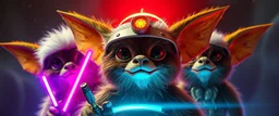 volume fog light, hyper real close up on fluffy faces of rock cute charming uplifting energetic alien cricket coyote priest gremlin fashion general with hi tech transcendent lazer plasma blaster arsenal from hell, guarding bridge up to space saucer neon plastic transparent, movie poster