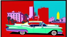 stalking a cadillac eldorado 1959 flammable in colorful palma de mallorca street,pop art,Andy Warhol,Roy Lichtenstein