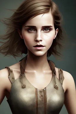 full body, emma watson identify face, leather clothing , big busty , dirty face, pintura, ,details,texture,8k quality, florest, Minimalism, Romanticism, Expressionism, Impressionism