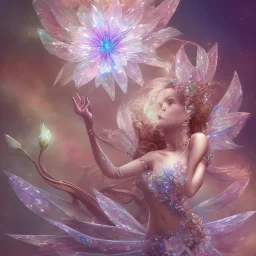 one big crystal subtle flower in a galactic ambiance with a beautiful fairy, transparent petals,